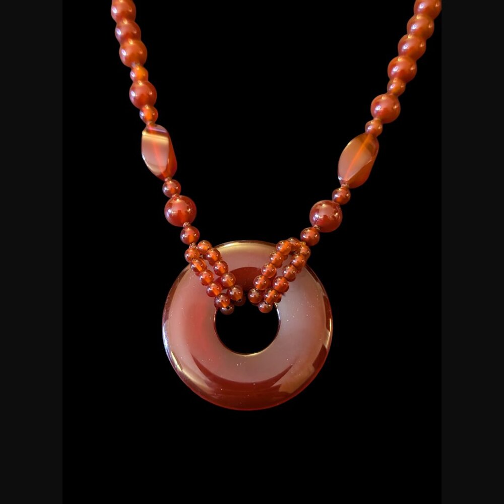 Vintage Natural Stone Carnelian Disk 10mm Bead 1.88" Disk Heavy Hand Necklace 32